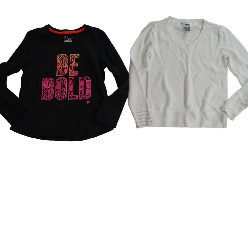 Old Navy Active Go-Dry Black T-shirt and White V-Neck Sweater Girls M 8 Long Sle